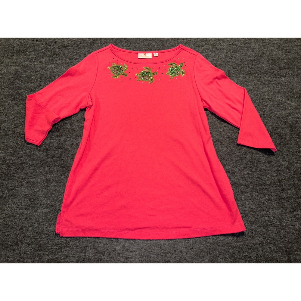 Quacker Factory Sea Turtle Top Womens Small Pink 3/4 Sleeve Rhinestone
